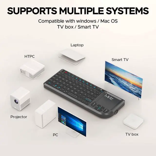 Alt view image 2 of 5 - Miritz 2.4GHz Mini Keyboard with Touchpad, Bluetooth Mini Keyboard with USB-C Rechargeable,for Smart TV/Windows/Android/Mac/Linux/HTPC, Compatible with PC/Laptop/Tablet,Black