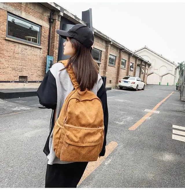 Alt view image 3 of 5 - MININAI Preppy Corduroy Backpack Aesthetic Backpack 15.6 inch Laptop College Backpack Cute Book Bag Travel Rucksack Daypack (One Size,Brown)