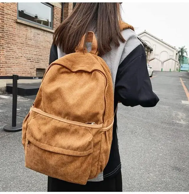 Alt view image 2 of 5 - MININAI Preppy Corduroy Backpack Aesthetic Backpack 15.6 inch Laptop College Backpack Cute Book Bag Travel Rucksack Daypack (One Size,Brown)