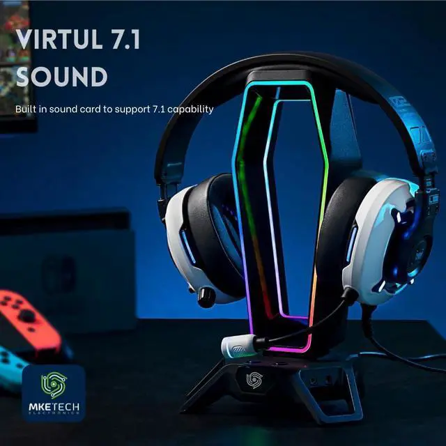 Alt view image 3 of 5 - MKETech Electronics Headset Stand Headphone Holder for Desk Xbox PS5 PC Gaming Accessories, RGB Lighting USB Hub Virtual 7.1 Sound Card 3 Pre-Programmed EQ Modes,Black