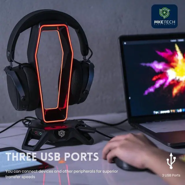 Alt view image 4 of 5 - MKETech Electronics Headset Stand Headphone Holder for Desk Xbox PS5 PC Gaming Accessories, RGB Lighting USB Hub Virtual 7.1 Sound Card 3 Pre-Programmed EQ Modes,Black