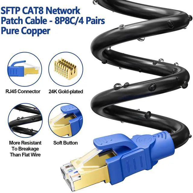 Alt view image 4 of 5 - Cat 8 Ethernet Cable 30ft, Cat 8 Internet Network Cable High Speed 40Gbps, 2000Mhz, Heavy Duty 26AWG with Gold Plated RJ45 Connector, Outdoor&Indoor, Waterproof LAN Cable for Router Gaming, 10 Clips