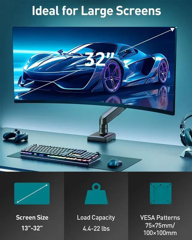 Alt view image 2 of 5 - Single Monitor Desk Mount, 13-32 inch Adjustable Gas Spring Monitor Arm, Computer Display Stand Holder with Clamp and Grommet Base, Fits 4.4 to 22lbs Screens, VESA Mount Bracket, Black, Freelift Pro