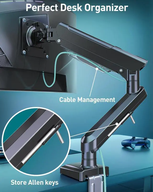 Alt view image 3 of 5 - Single Monitor Desk Mount, 13-32 inch Adjustable Gas Spring Monitor Arm, Computer Display Stand Holder with Clamp and Grommet Base, Fits 4.4 to 22lbs Screens, VESA Mount Bracket, Black, Freelift Pro