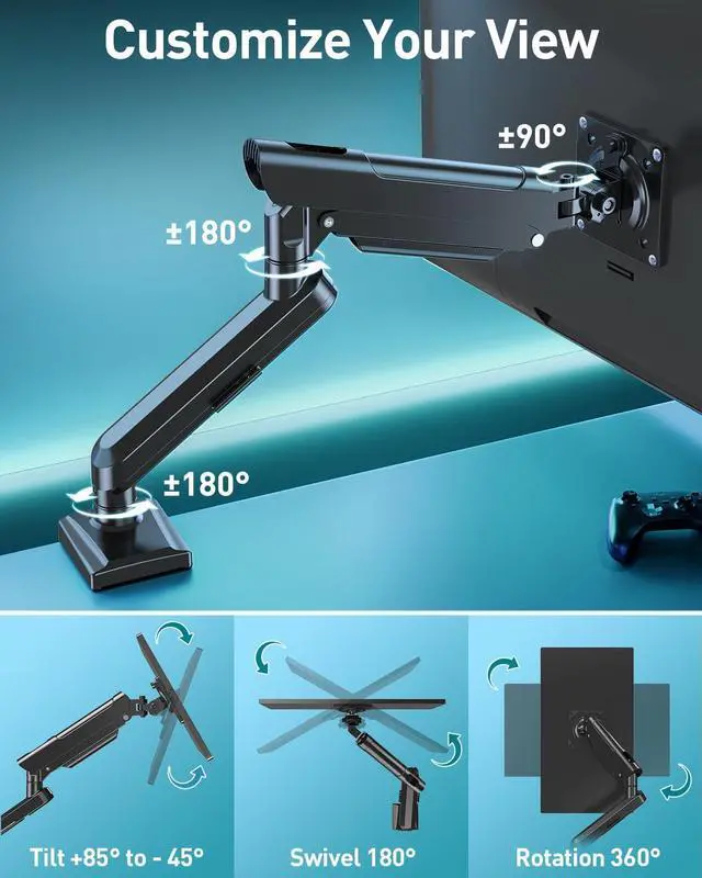 Alt view image 5 of 5 - Single Monitor Desk Mount, 13-32 inch Adjustable Gas Spring Monitor Arm, Computer Display Stand Holder with Clamp and Grommet Base, Fits 4.4 to 22lbs Screens, VESA Mount Bracket, Black, Freelift Pro