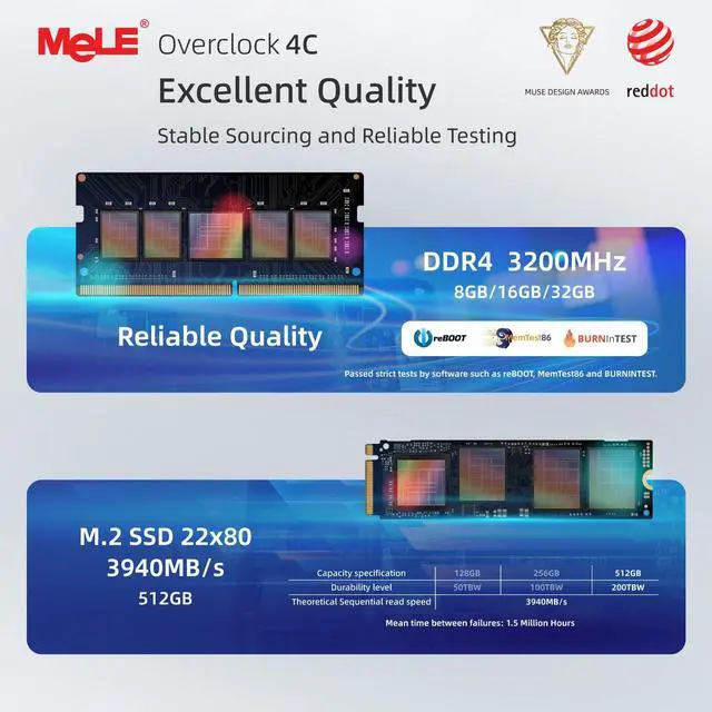 Alt view image 5 of 5 - MeLE Overclock4C N300 Mini PC (up to 3.8GHz 8C/8T) 32GB DDR4 512GB Micro Desktop Computer, 4K Triple Display, All-in-one USB-C, USB3.2/WiFi/BT/Ethernet on Business Home Office