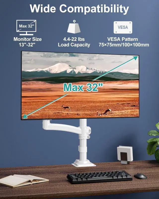 Alt view image 2 of 5 - Single Monitor Mount Arm, VESA Desk Mount Stand for 13-32 inch Computer Screen up to 22 lbs, Adjustable Height Tall Monitor Arm with Tilt Swivel Rotation, VESA 75 100mm, White, Freelift