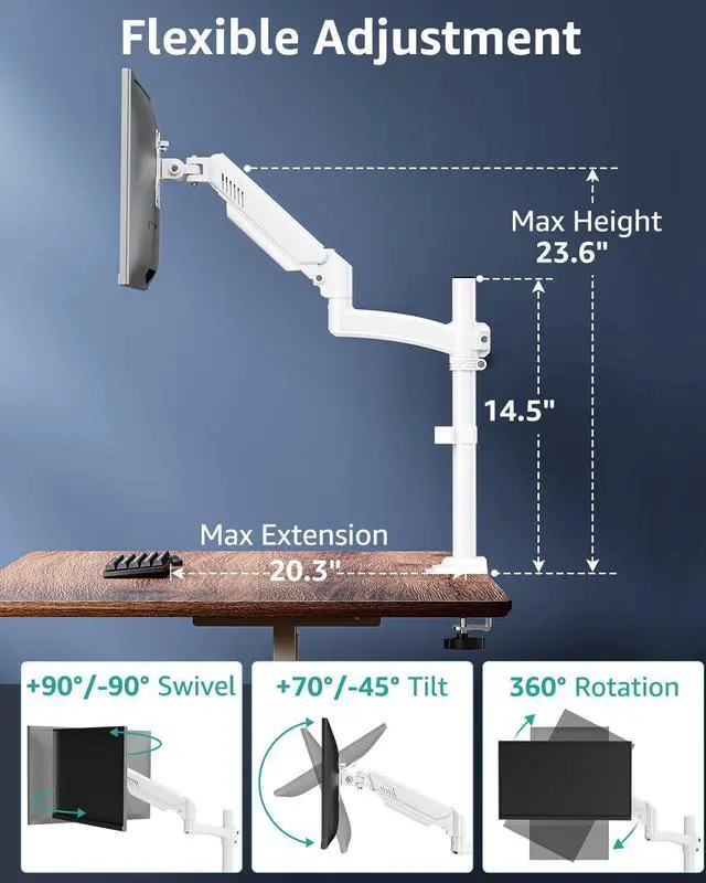 Alt view image 3 of 5 - Single Monitor Mount Arm, VESA Desk Mount Stand for 13-32 inch Computer Screen up to 22 lbs, Adjustable Height Tall Monitor Arm with Tilt Swivel Rotation, VESA 75 100mm, White, Freelift