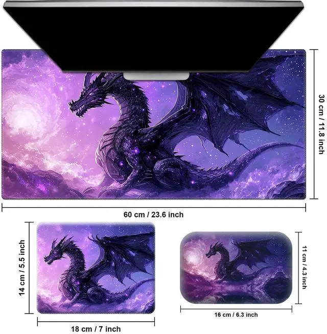 Alt view image 2 of 5 - Desk Pad, Large Game Mouse Pad + Small Mouse Pad + Wrist Rest,Ergonomic Mouse Pad,Table Mat with Stitched Edge,Anti-Slip,Memory Foam Desk Mat for Home Office Gaming(23.6x11.8in),Purple Dragon