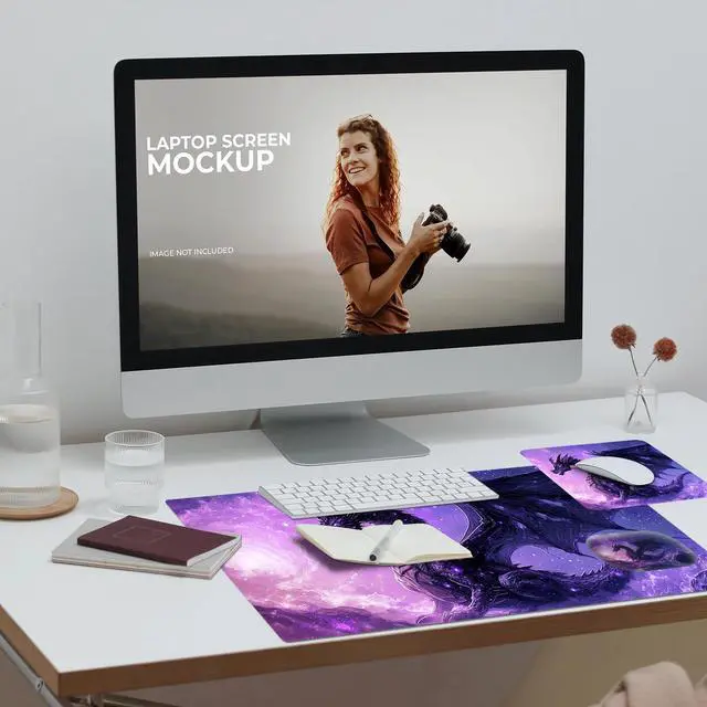 Alt view image 4 of 5 - Desk Pad, Large Game Mouse Pad + Small Mouse Pad + Wrist Rest,Ergonomic Mouse Pad,Table Mat with Stitched Edge,Anti-Slip,Memory Foam Desk Mat for Home Office Gaming(23.6x11.8in),Purple Dragon
