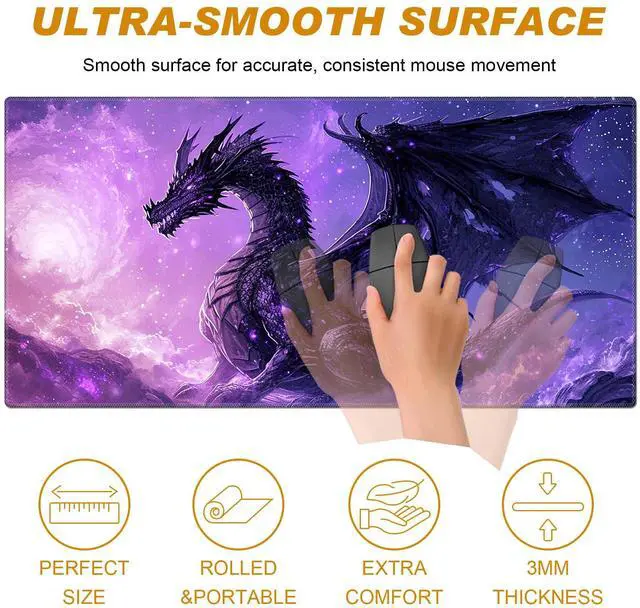 Alt view image 3 of 5 - Desk Pad, Large Game Mouse Pad + Small Mouse Pad + Wrist Rest,Ergonomic Mouse Pad,Table Mat with Stitched Edge,Anti-Slip,Memory Foam Desk Mat for Home Office Gaming(23.6x11.8in),Purple Dragon