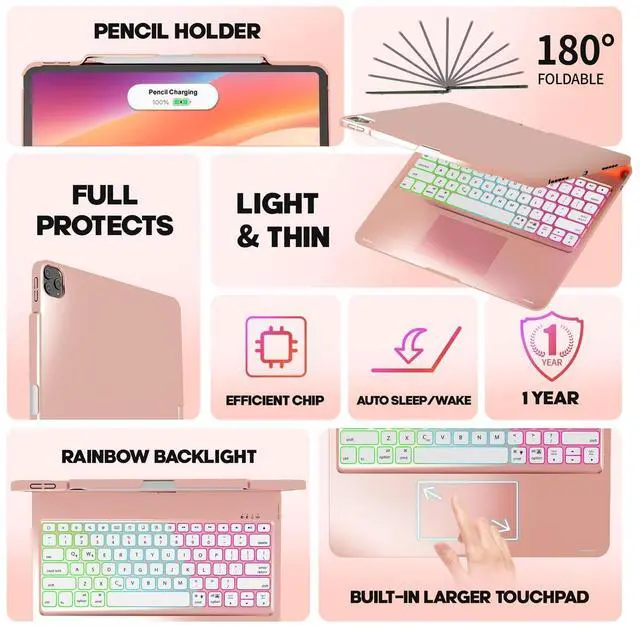 Alt view image 3 of 5 - NOKBABO for iPad 13 pro case with Keyboard & iPad Air 13 inch case Keyboard, Rainbow Backlits, Pencil Holder, 360degRotatable, Compatible with iPad Pro 12.9 6th/5th/4th/3rd Generation - Bright Pink