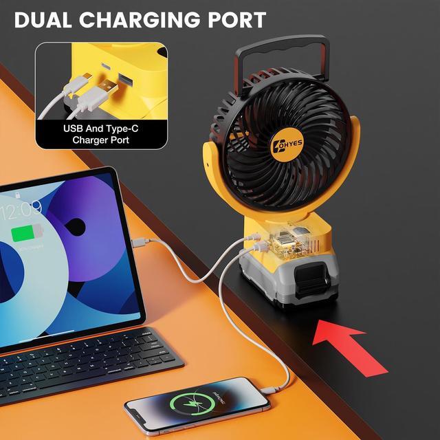 Alt view image 3 of 5 - ohyes Jobsite Fan Compatible With DeWALT 20V Max Battery Brushless Motor with USB A+C Fast Charging for Camping Workshop and Construction Site(Battery not included)