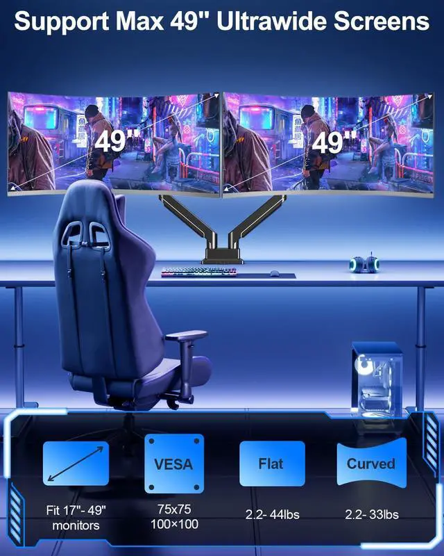 Alt view image 3 of 5 - MOUNT PRO Dual Monitor Stand for Max 49 Inch Ultrawide Screens up to 44 lbs, Heavy Duty Monitor Arm for 2 Monitors, Premium Full Motion Double Computer Desk Mount, VESA Mount 75x75/100x100mm