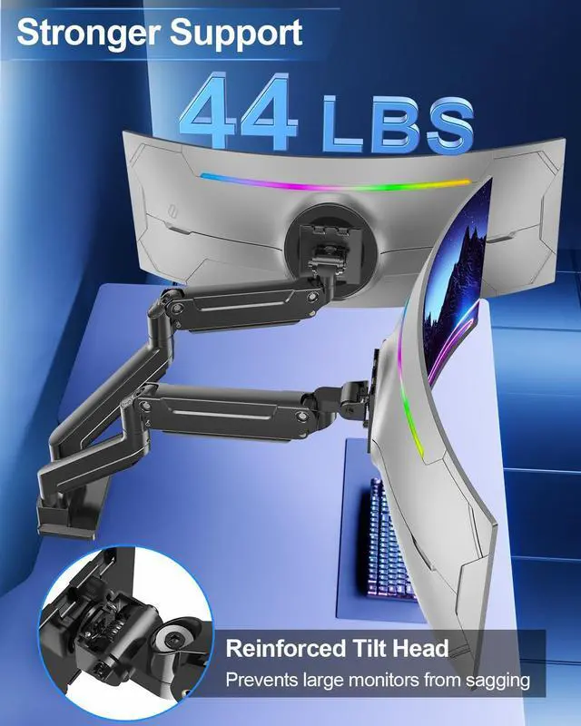 Alt view image 4 of 5 - MOUNT PRO Dual Monitor Stand for Max 49 Inch Ultrawide Screens up to 44 lbs, Heavy Duty Monitor Arm for 2 Monitors, Premium Full Motion Double Computer Desk Mount, VESA Mount 75x75/100x100mm