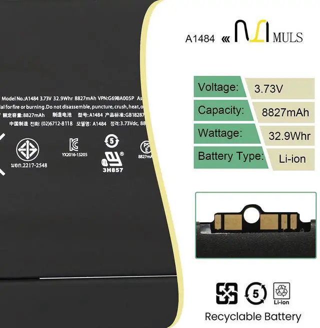 Alt view image 2 of 5 - A1484 Tablet Battery Compatible with Apple iPad Air 1, iPad 5th 6th 7th 8th Gen, Fit for A1474 A1475 A1476 A1822 A1823 A1893 A1954 A2197 A2198 A2199 A2200 A2270 A2428 A2429 A2430 6712-6700 8827mAh