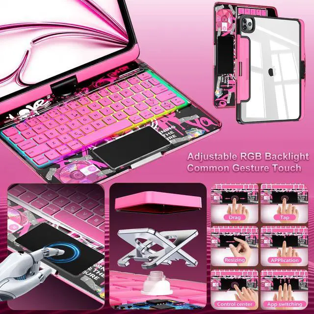 Alt view image 3 of 5 - CNAIDUNR Transparent 360°Rotatable Keyboard Case for iPad Air (M3/M2,2025/2024) 11 Inch,10.9" iPad Air 5th/4th & 11" iPad Pro 4/3/2/1,Clear Hard PC Back,Trackpad,Pencil Holder,7 Color Backlight,Pink