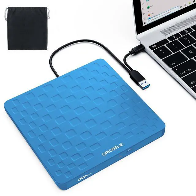 Main image of ORIGBELIE External CD DVD Drive for Laptop, USB 3.0 Type-C Ultra Slim 13mm DVD Player Portable CD DVD +/-RW Drive CD Burner Reader Writer Recorder for Desktop PC Windows 11/10/8/7 Linux Mac OS (Blue)