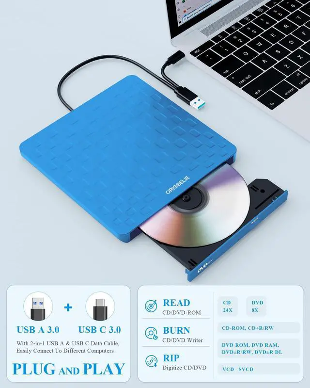 Alt view image 3 of 5 - ORIGBELIE External CD DVD Drive for Laptop, USB 3.0 Type-C Ultra Slim 13mm DVD Player Portable CD DVD +/-RW Drive CD Burner Reader Writer Recorder for Desktop PC Windows 11/10/8/7 Linux Mac OS (Blue)