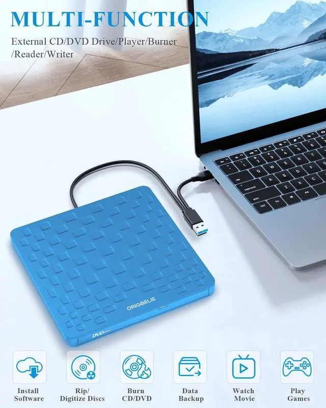 Alt view image 5 of 5 - ORIGBELIE External CD DVD Drive for Laptop, USB 3.0 Type-C Ultra Slim 13mm DVD Player Portable CD DVD +/-RW Drive CD Burner Reader Writer Recorder for Desktop PC Windows 11/10/8/7 Linux Mac OS (Blue)