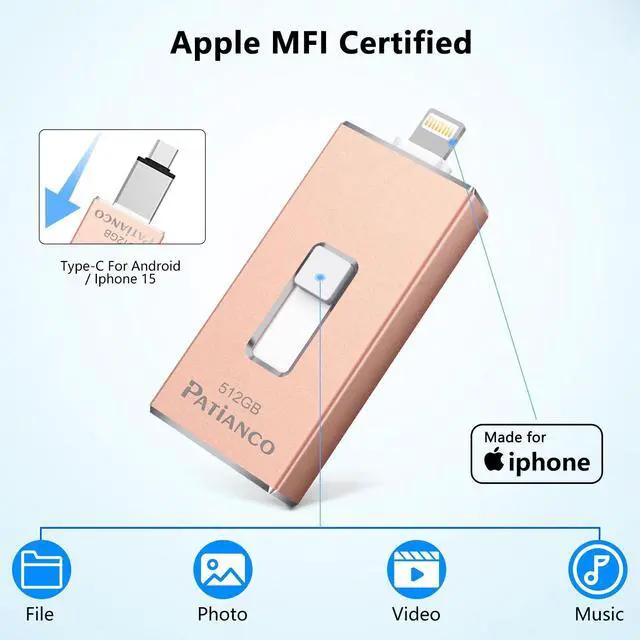 Alt view image 2 of 5 - Photo Stick Apple MFi Certified for iPhone 256GB, USB Flash Drive for iPhone Thumb Drive, iPhone-Memory-Stick for iPad/iPhone/Computer Picture Keeper Portable Hard Drive Pink