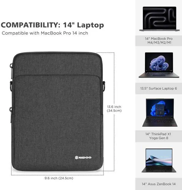 Alt view image 3 of 5 - NIDOO 14 inch Laptop Sleeve Protective Computer Carrying Case Bag for 14" ThinkPad E14 Gen 4/ T14s Gen 5/ ThinkPad X1 Carbon Gen 12/14" MacBook Pro M4 M3 / Asus ZenBook 14/13.5" Surface Laptop 6 5