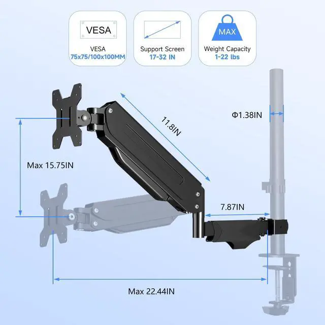 Alt view image 2 of 5 - Pholiten Single Monitor Arm, Gas Type Display Arm, Double Articulated, 35MM Pole Mount, Supports 13-32Inches, Load Capacity 22.0 lbs, VESA 75-100mm MD8411DB