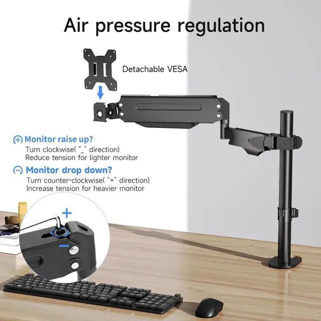 Alt view image 3 of 5 - Pholiten Single Monitor Arm, Gas Type Display Arm, Double Articulated, 35MM Pole Mount, Supports 13-32Inches, Load Capacity 22.0 lbs, VESA 75-100mm MD8411DB