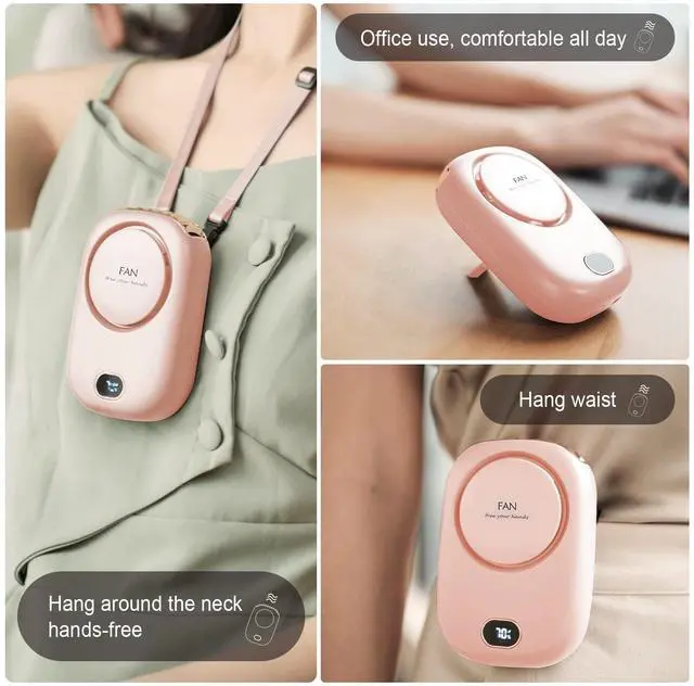 Alt view image 2 of 5 - PiKaPiKaP 2 Pack Portable Neck Fan, Hanging Neck Fan Hands Free with Adjustable Lanyard and Bracket, USB Rechargeable Bladeless Mini Fans Portable (Pink+Green)
