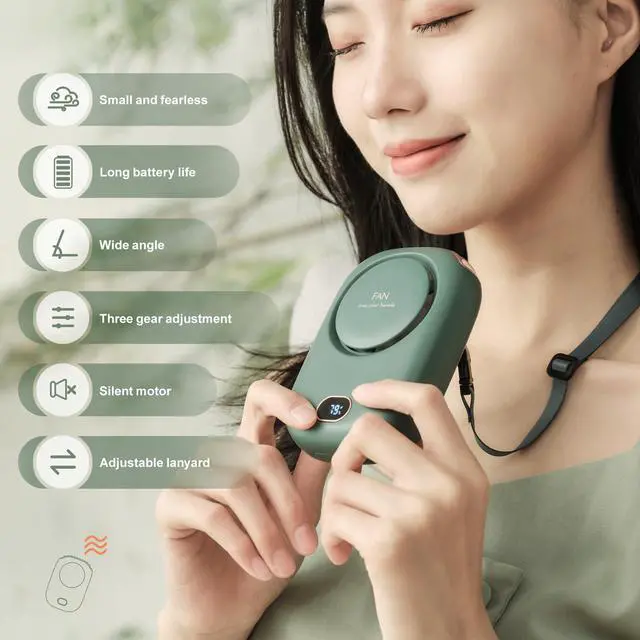 Alt view image 3 of 5 - PiKaPiKaP 2 Pack Portable Neck Fan, Hanging Neck Fan Hands Free with Adjustable Lanyard and Bracket, USB Rechargeable Bladeless Mini Fans Portable (Pink+Green)