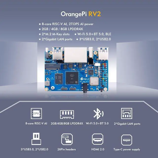 Alt view image 3 of 5 - Orange Pi RV2 2GB/4GB/8GB LPDDR4x RISC-V Single Board Computer with 8-Core 64-Bit Processor, Wi-Fi 5.0/Bluetooth 5.0, Development Board Run Linux/Ubuntu/OpenHarmony (2GB+Power Supply)