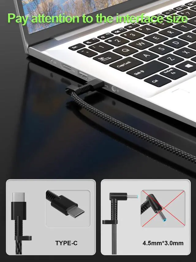 Alt view image 2 of 5 - New Slim 65W USB C Charger for HP Elitebook & Spectre & Envy & ProBook & Pavilion & Elite x2 Chromebook X360 Laptop Replacement Travel Fast Charging Power Supply Cord Ac Adapter Type-C