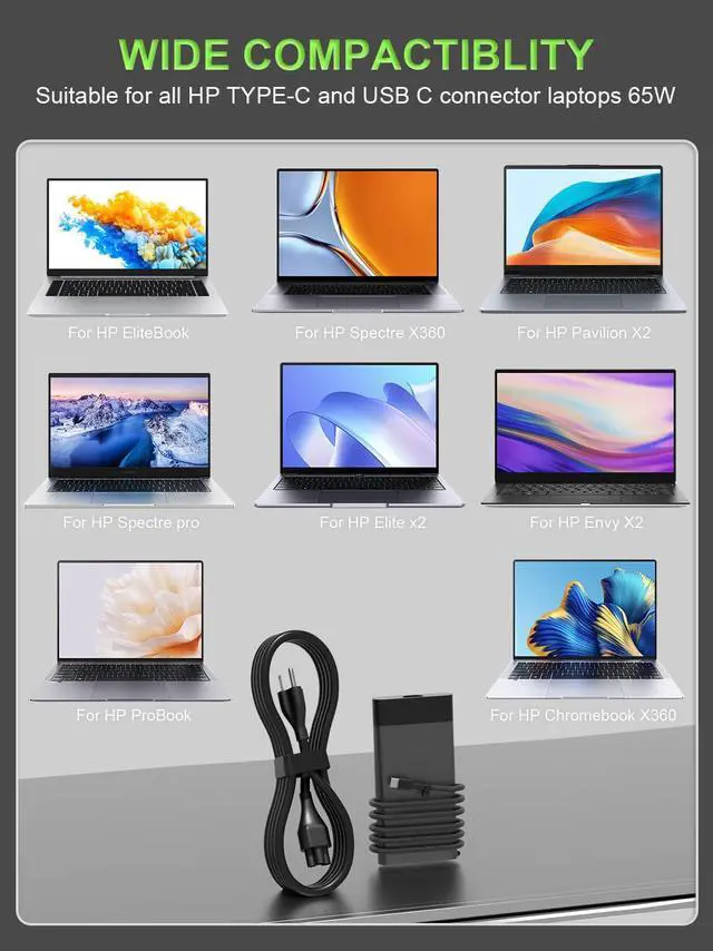 Alt view image 4 of 5 - New Slim 65W USB C Charger for HP Elitebook & Spectre & Envy & ProBook & Pavilion & Elite x2 Chromebook X360 Laptop Replacement Travel Fast Charging Power Supply Cord Ac Adapter Type-C