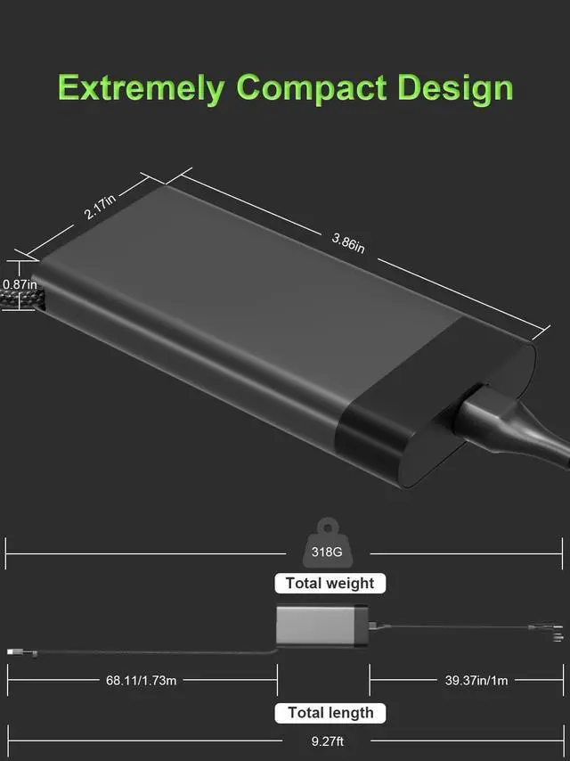 Alt view image 3 of 5 - New Slim 65W USB C Charger for HP Elitebook & Spectre & Envy & ProBook & Pavilion & Elite x2 Chromebook X360 Laptop Replacement Travel Fast Charging Power Supply Cord Ac Adapter Type-C