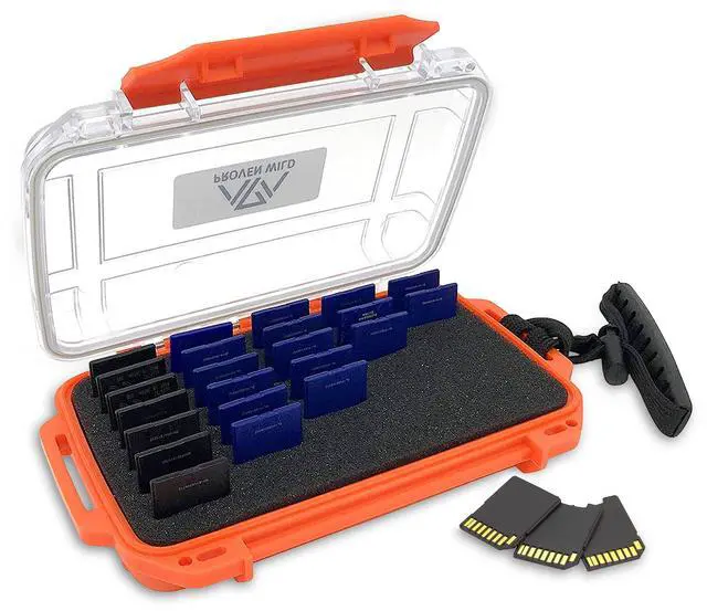 Main image of SD Card Holder by Proven Wild | Durable, Waterproof SD Card Case | SD Card Holder Case Holds 35 SD Cards Upright | Standard Memory Card Holder for DSLR & Trail Camera SD Cards, (Orange)