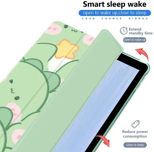 Alt view image 2 of 5 - JOYLAND Cute Dinosaur Case for iPad 9th/7th/8th Generation(2021/2020/2019) 10.2", Green TPU Smart Stand Back Cover with Pencil Holder, Auto Wake/Sleep Foldable Four-Corner Shockproof Protective Case