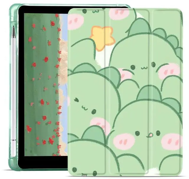 Main image of JOYLAND Cute Dinosaur Case for iPad 9th/7th/8th Generation(2021/2020/2019) 10.2", Green TPU Smart Stand Back Cover with Pencil Holder, Auto Wake/Sleep Foldable Four-Corner Shockproof Protective Case