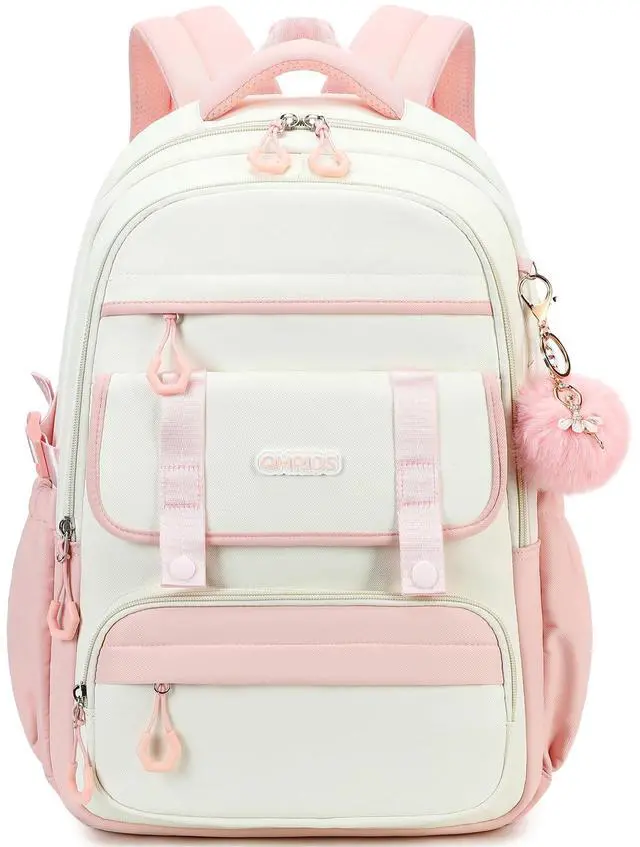 Main image of QHRIDS School Backpack for Girls, Laptop Backpack 15.6 Inch Kids Elementary Middle High School Bag Anti Theft Cute College Bookbags for Teens Girls Women Students Casual Travel Daypack,Pink Beige