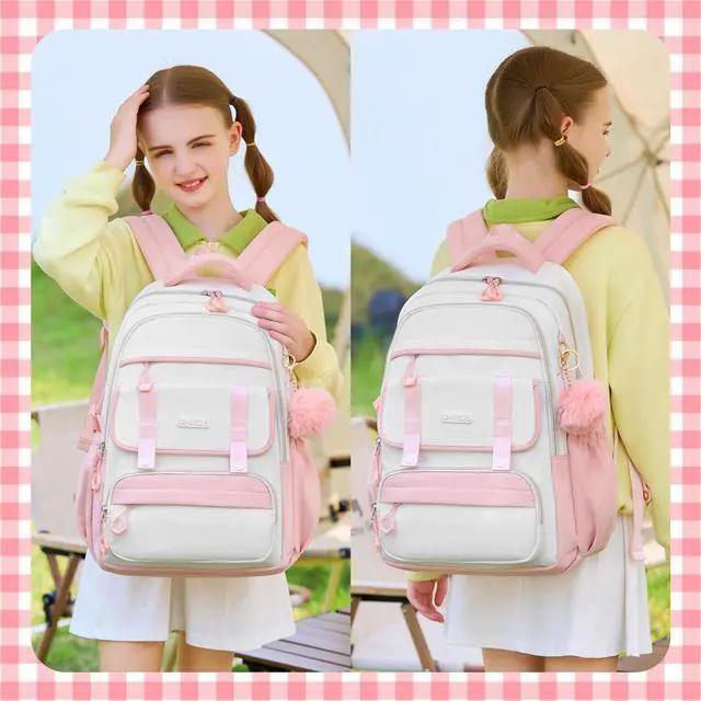 Alt view image 2 of 5 - QHRIDS School Backpack for Girls, Laptop Backpack 15.6 Inch Kids Elementary Middle High School Bag Anti Theft Cute College Bookbags for Teens Girls Women Students Casual Travel Daypack,Pink Beige