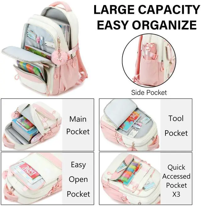 Alt view image 3 of 5 - QHRIDS School Backpack for Girls, Laptop Backpack 15.6 Inch Kids Elementary Middle High School Bag Anti Theft Cute College Bookbags for Teens Girls Women Students Casual Travel Daypack,Pink Beige