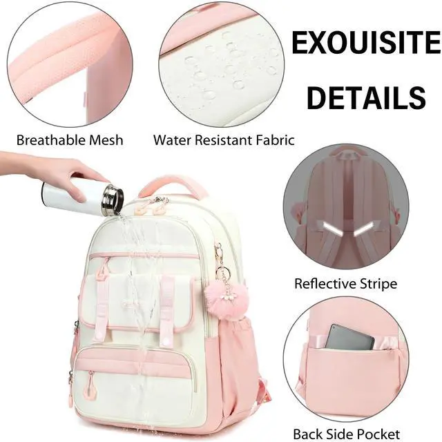 Alt view image 4 of 5 - QHRIDS School Backpack for Girls, Laptop Backpack 15.6 Inch Kids Elementary Middle High School Bag Anti Theft Cute College Bookbags for Teens Girls Women Students Casual Travel Daypack,Pink Beige