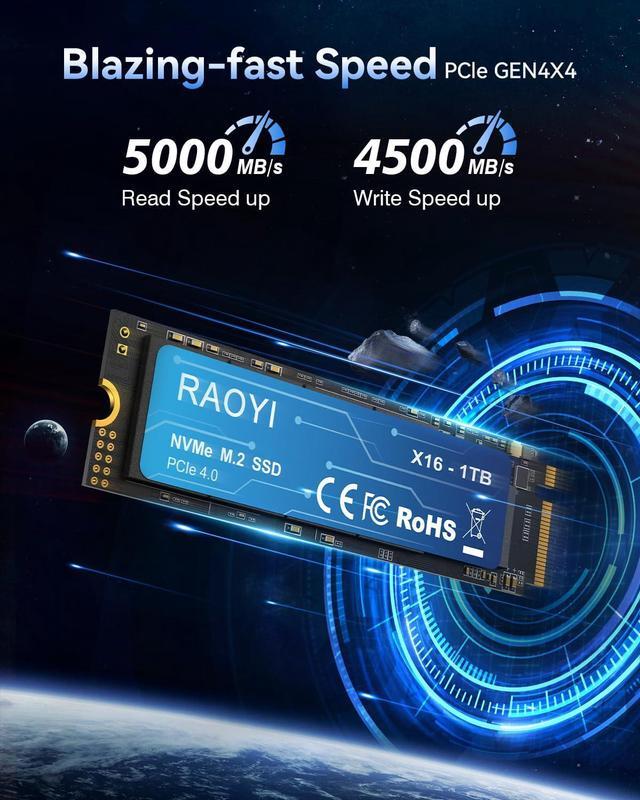 Alt view image 2 of 5 - RAOYI 1TB NVMe Internal Solid State Drive M.2 2280 PCIe Gen4x4 SSD, Up to 5000MB/s, Configure SLC Cache, Storage and Memory Expansion for PS5 Laptop Desktop