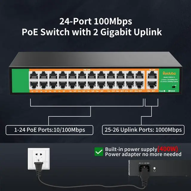 Alt view image 2 of 5 - 24 Port PoE Switch with 2 Gigabit Ethernet Uplink Port, Support IEEE802.3af/at, 400W High Power, Fanless, Plug and Play Unmanaged, Rackmount Ethernet Switch