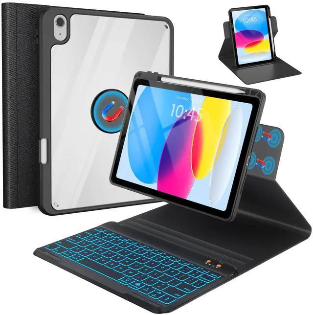 Main image of BLUTLOTUS for iPad 11th (A16) 10th Generation Case with Keyboard (2025/2022) - 360° Rotatable Magnetic Folio Cover, 7 Color Backlit Detachable Keyboard with Pencil Holder (Black)