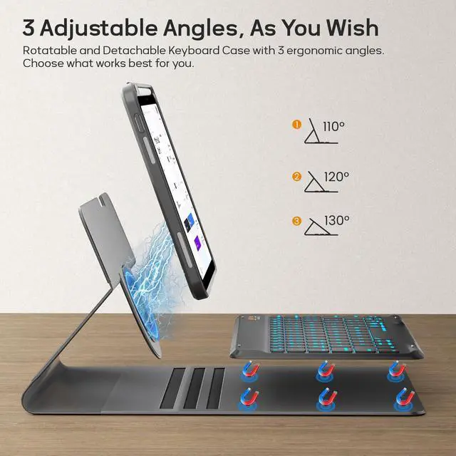Alt view image 4 of 5 - BLUTLOTUS for iPad 11th (A16) 10th Generation Case with Keyboard (2025/2022) - 360° Rotatable Magnetic Folio Cover, 7 Color Backlit Detachable Keyboard with Pencil Holder (Black)