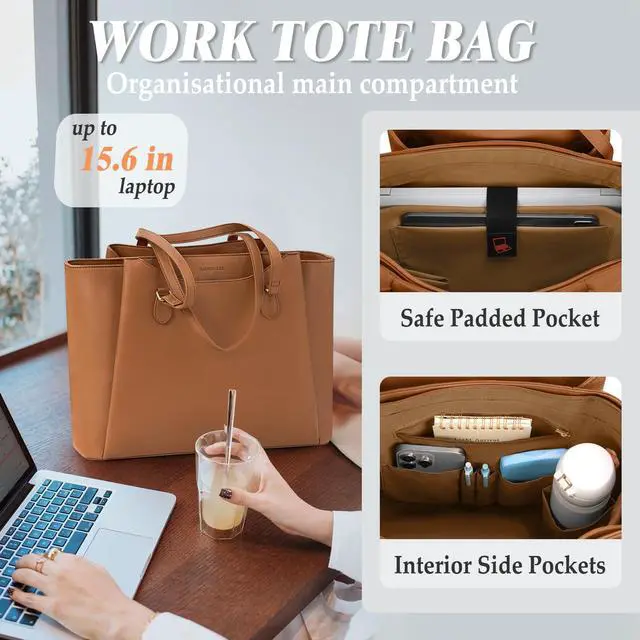 Alt view image 3 of 5 - RAINSMORE Laptop Bag for Women 15.6 Inch Work Tote Bags Waterproof Computer Bags Leather Professional Laptop Purse Womens Laptop Briefcase Large Handbag for Office Teacher Travel, Brown