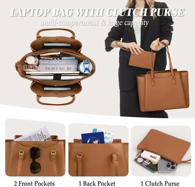 Alt view image 4 of 5 - RAINSMORE Laptop Bag for Women 15.6 Inch Work Tote Bags Waterproof Computer Bags Leather Professional Laptop Purse Womens Laptop Briefcase Large Handbag for Office Teacher Travel, Brown