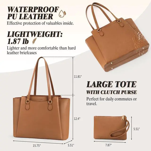 Alt view image 5 of 5 - RAINSMORE Laptop Bag for Women 15.6 Inch Work Tote Bags Waterproof Computer Bags Leather Professional Laptop Purse Womens Laptop Briefcase Large Handbag for Office Teacher Travel, Brown