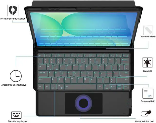 Alt view image 3 of 5 - for Galaxy Tab S10 FE+ 13.1 inch Case with Keyboard - 7 Color Backlit Detachable Tablet Keyboard Cover with Touchpad - Tab S10 FE Plus 13.1" 2025 Samsung Keyboard Case with S Pen Holder Black