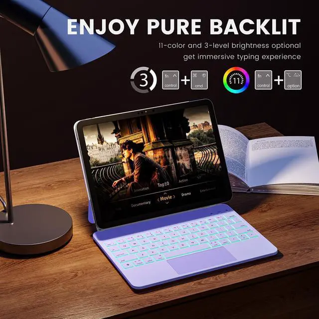 Alt view image 4 of 5 - RAYMCRAFT for iPad 11th(A16, 2025)/10th Generation Case with Keyboard, Magic Keyboard 2022, Springy Backlit Keys, Stain-Resistant Surface, Multi-Touch Trackpad,Purple